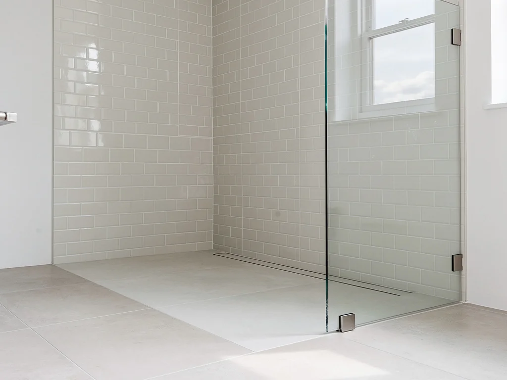 Douche de plain-pied, paroi en verre et faïence claire posée au mur